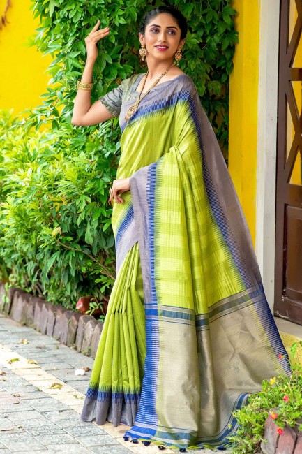zari vert sari du sud de l'inde en coton