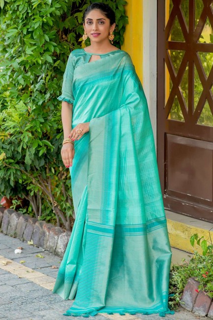 sari du sud de l'inde en coton bleu sarcelle avec zari
