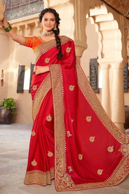 sari de mariage rouge brodé en georgette satinée avec chemisier