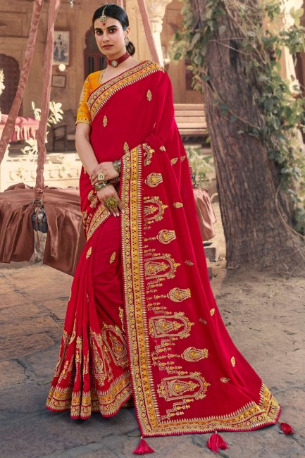 resham, satin brodé georgette sud indien sari en rouge avec chemisier