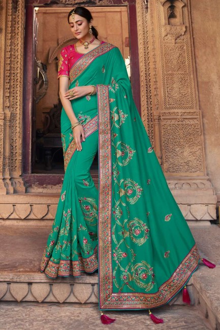 resham, brodé satin georgette mer vert sud indien sari avec chemisier