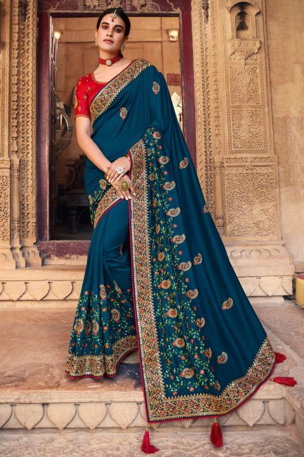 Resham, georgette en satin brodé bleu sarcelle sari du sud de l'Inde avec chemisier