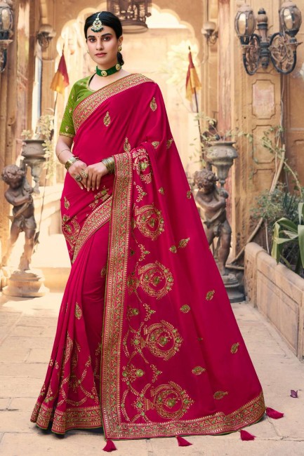 satin georgette sud indien sari avec resham, brodé en rose