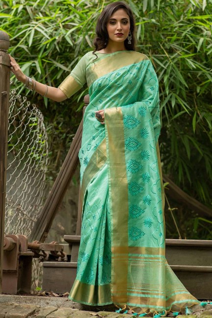 sari en soie vert d'eau avec zari brodé