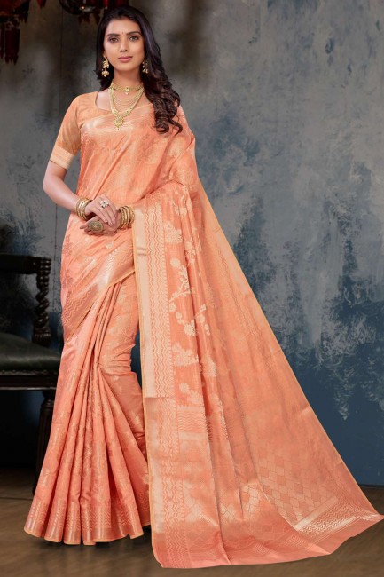 South Indian Saree in Peach Weaving Silk