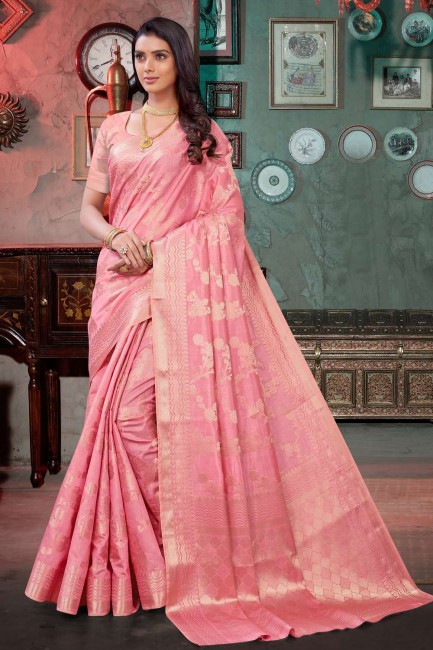 sari du sud de l'inde en soie rose avec tissage