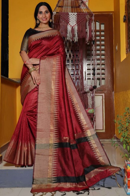 tissage de soie brute sari banarasi marron avec chemisier