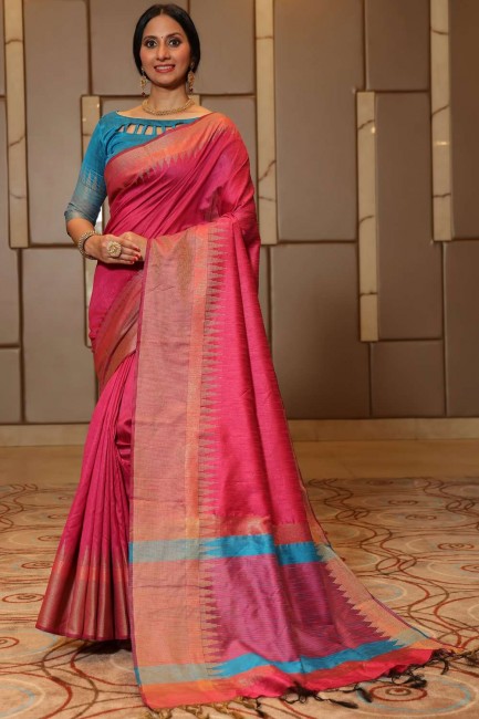 sari banarasi en soie grège rose avec tissage