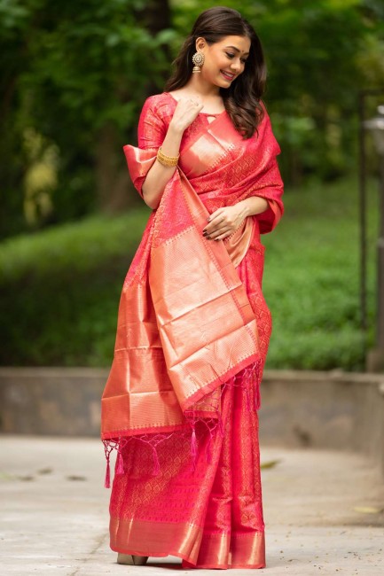 zari banarasi sari banarasi en soie rose avec chemisier