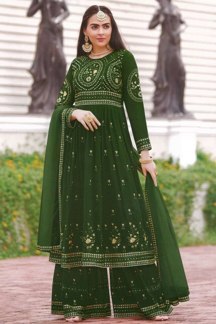 costume sharara eid en faux georgette brodé vert