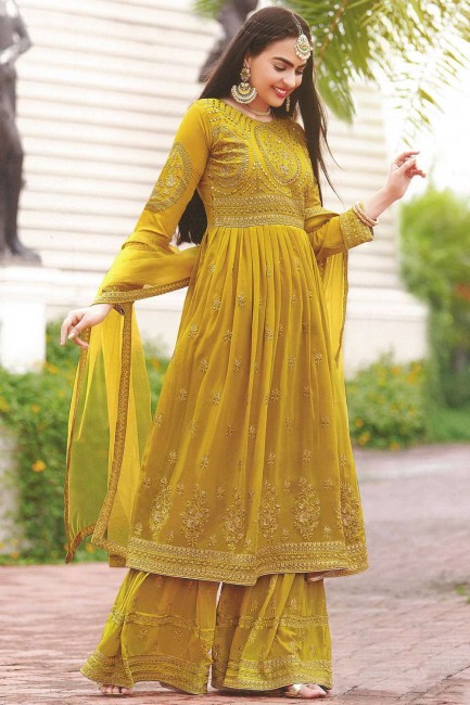 costume eid sharara en fausse georgette jaune avec brodé