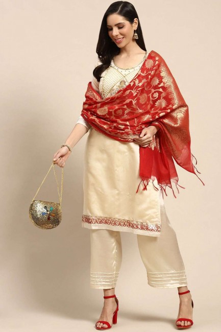 salwar kameez blanc cassé en chanderi avec tissage