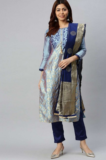 salwar kameez bleu en banarsi jacquard avec tissage