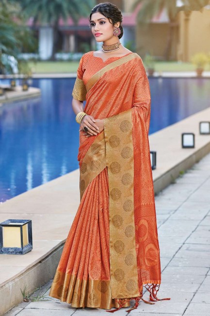 sari orange en organza avec zari