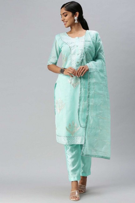 salwar kameez en coton bleu brodé avec dupatta