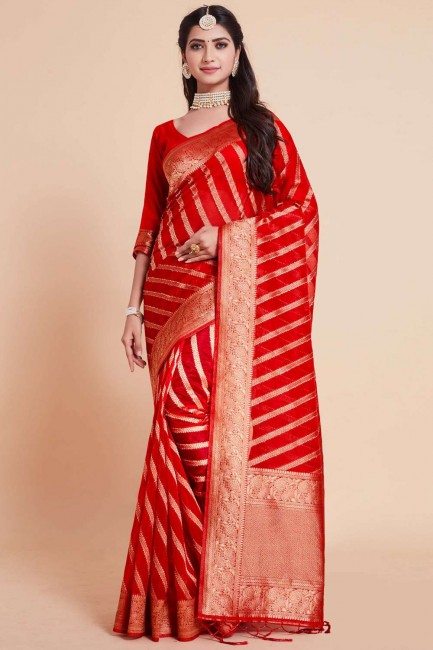 saris du sud de l’Inde en organza rouge avec tissage