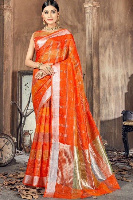 saris du sud de l’Inde en coton orange et soie avec tissage