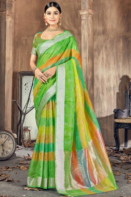 sari vert d'inde du sud en coton et soie avec tissage