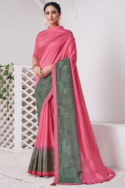 zari, sari du sud de l'Inde en soie et viscose brodée en rose avec chemisier