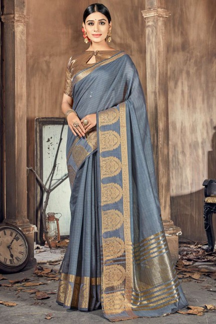 saris de coton et de soie avec tissage en gris