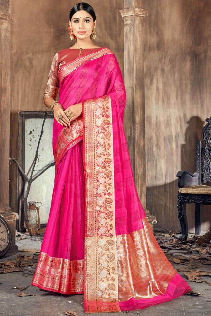 sari rose en coton et soie avec tissage