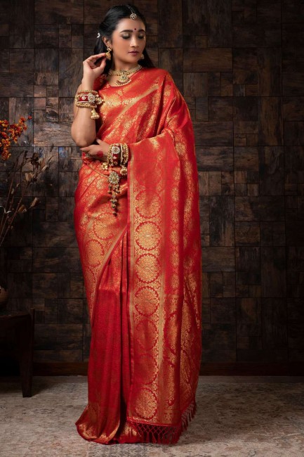 tissage de sari en soie grège orange