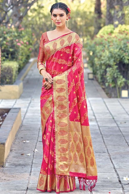 sari en organza avec zari en rose