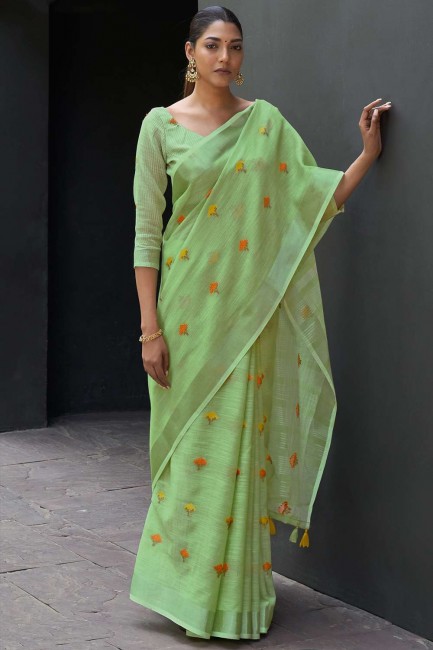 saris en lin vert clair avec zari