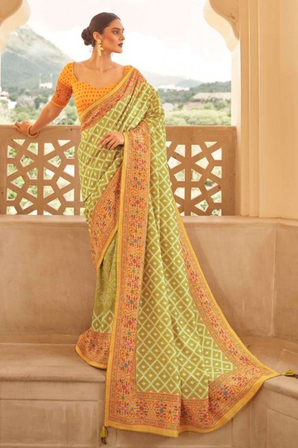 saris du sud de l’Inde en soie patola verte avec zari, tissage, impression numérique
