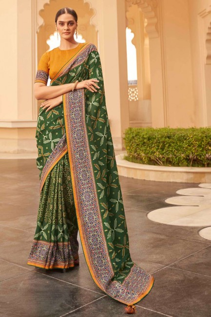 zari vert, tissage, impression numérique sud indienne sari en soie patola