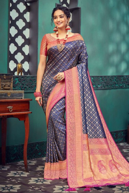 saris de soie bleu, rose avec tissage