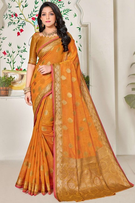 orange resham linen sari