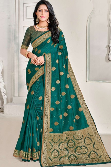 sari en lin vert foncé avec resham