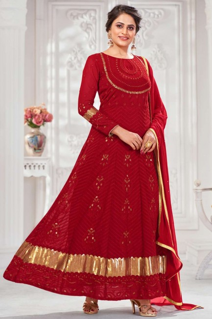 Georgette Eid Anarkali Suit in Maroon with Embroidered
