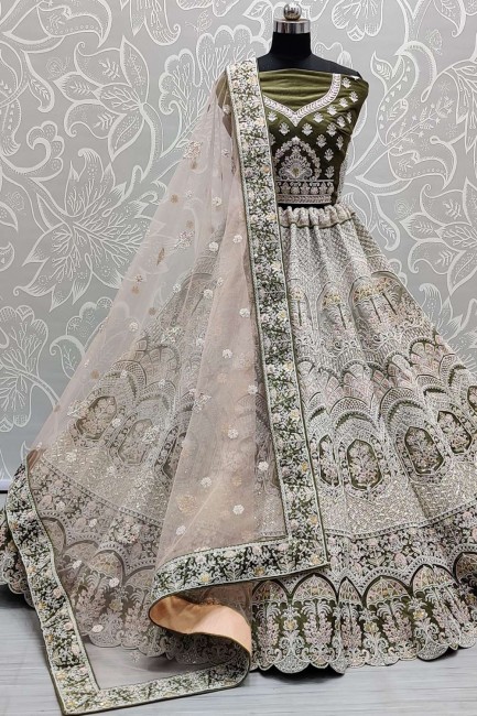 Sequance,Multy,Dori Embroidery,Diamond Work Wedding Lehenga Choli in Mahendi Velvet