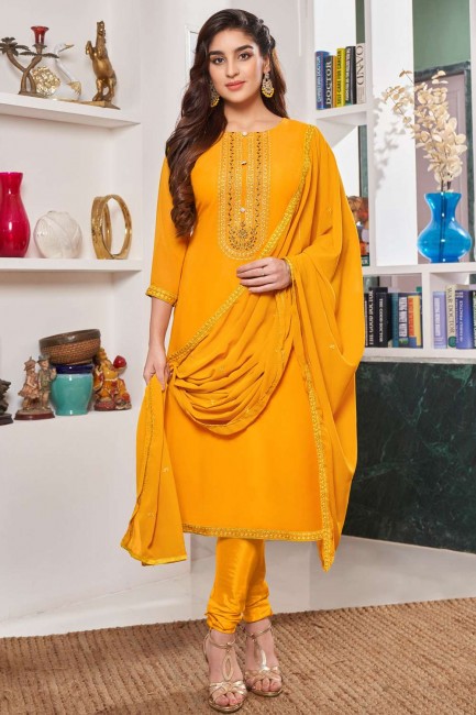 Georgette Designer Broderie Travaux Yellow Salwar Kameez avec écharpe Georgette