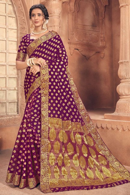 Designer en mousseline de soie tissage travail sari violet avec chemisier