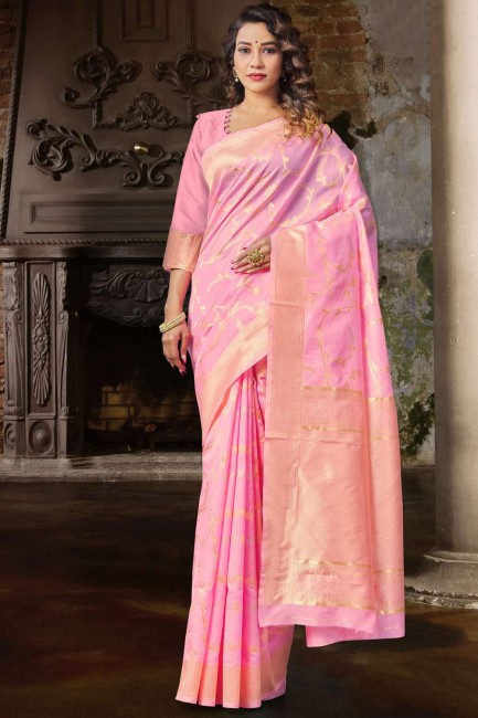 Rose Lichi Silk Wevon Self designer Sud Indian Saree avec chemisier
