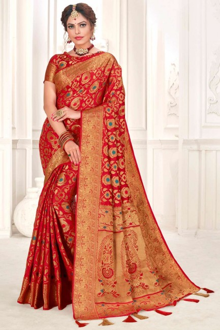 Saree rouge sud-sud avec designer wevon riche soie douce Pallu