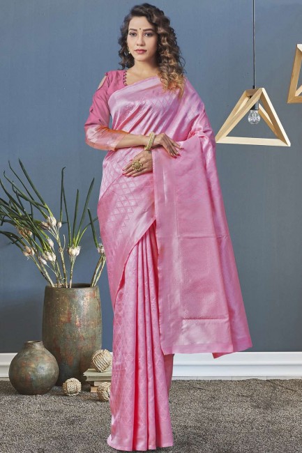 Saree en soie lichi rose avec designer wevon lourd