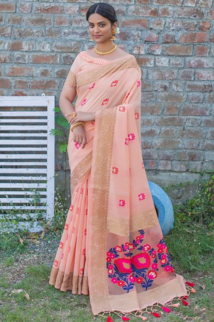 Orange saree in Heavy Wevon Meenakari Designer Work Handloom Linen