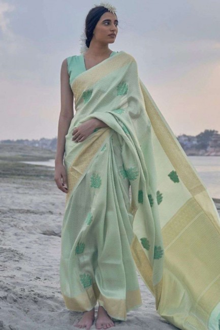 Soft Tissue Linen Green saree in Wevon Rich Jari Designer