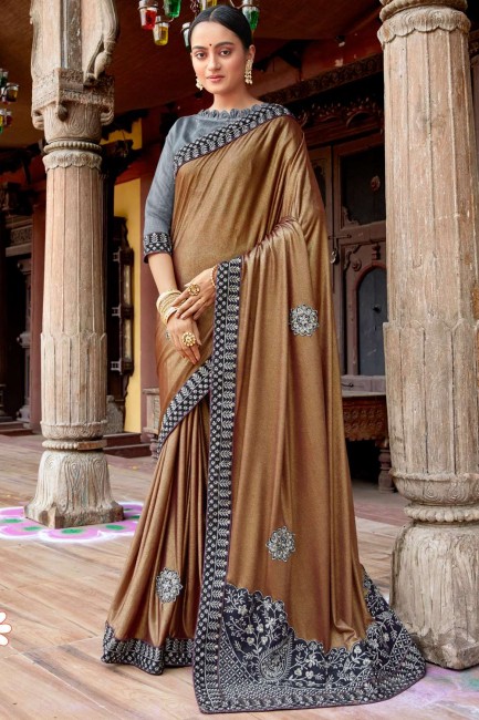 Imported Lycra Foil With Heavy Petch Work Brown saree with Blouse