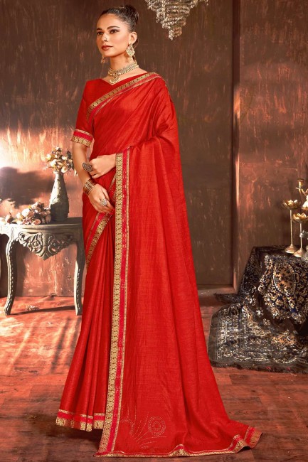 Saree en soie rouge Vichitra avec Sarovski Butta Designer