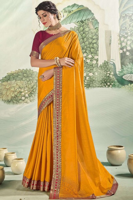 Saree jaune à Vichitra Silk avec Sarovski Butta Designer