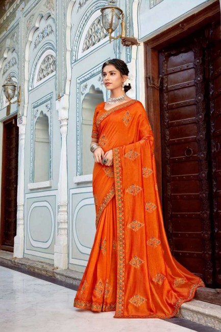 Saree Orange à Vichitra Silk avec fil de broderie à fil de Butta