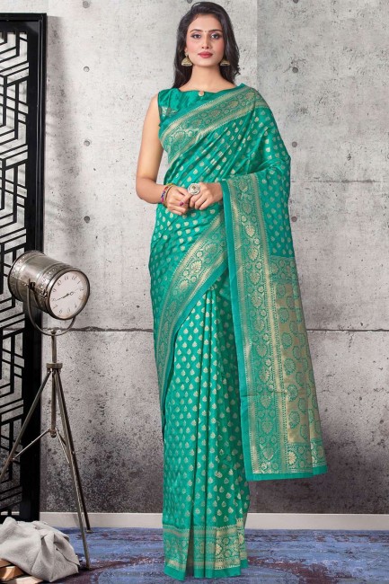 Lichi Silk Teal Sud Indian Saree à Wevon Self Jari Designer