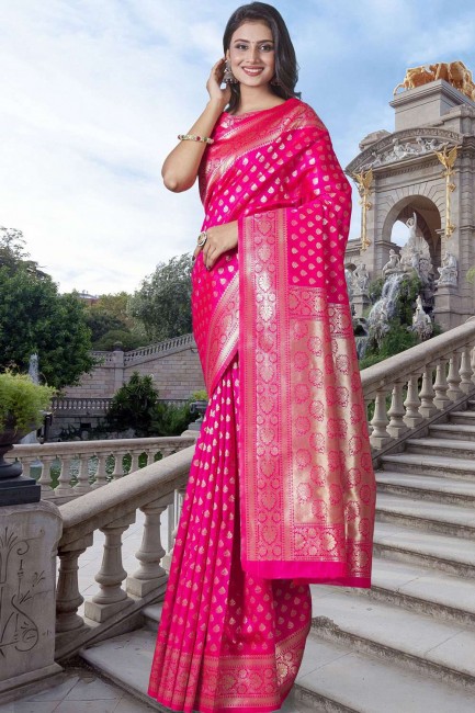 Lichi Silk Sud Indian Saree à Wevon Self Jari Designer en rose