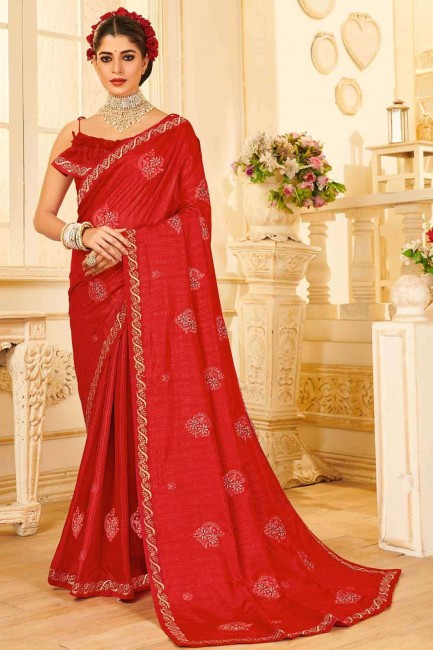 C.P.Vichitra Silk Butta Thread Embroidery Work Red saree with Blouse