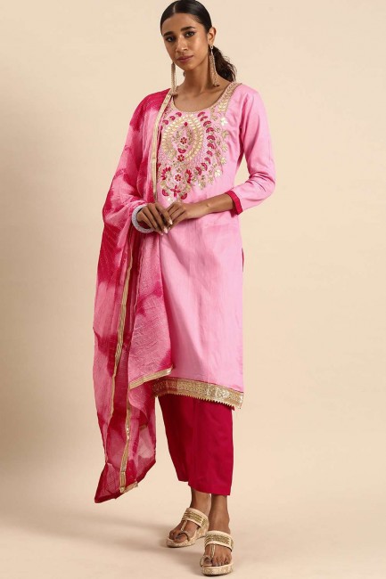 Travail de broderie en coton en verre rose Salwar Kameez avec foulard fantaisie